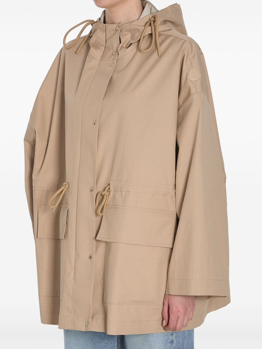 Moncler Relaxed Fit Beige Coat With Hood And Drawstring Details
