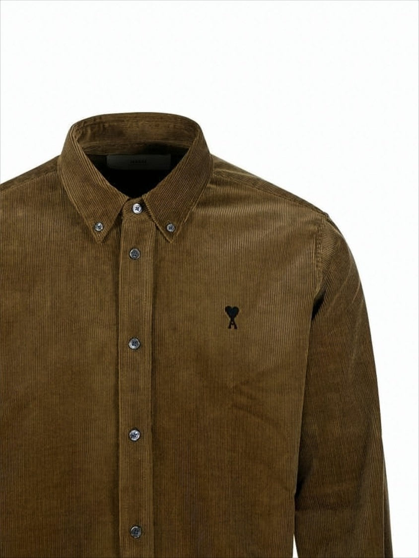 Ami Corduroy Button-Down Shirt With Embroidered Logo