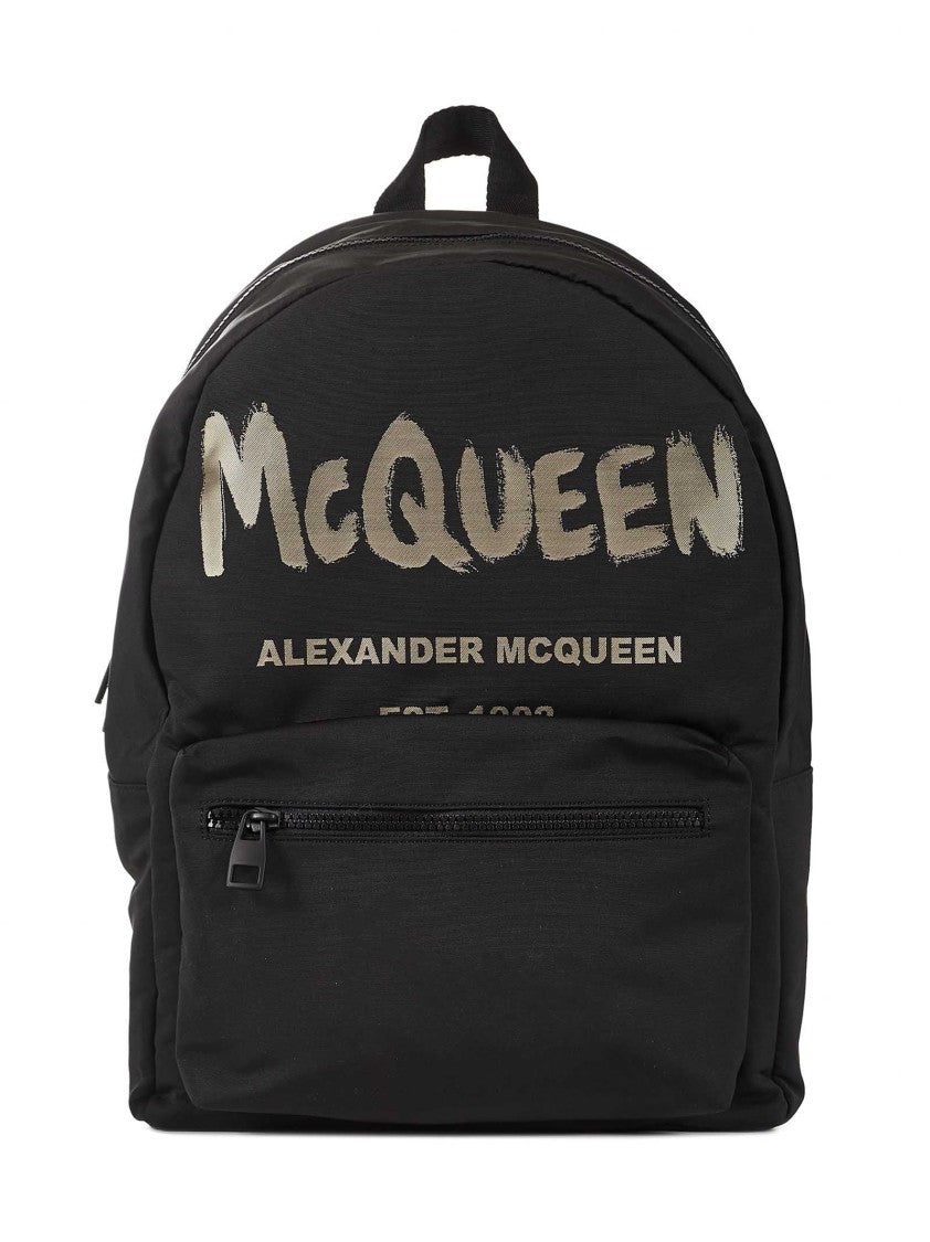 Alexander Mcqueen Black Cotton Backpack With Graffiti Logo Print