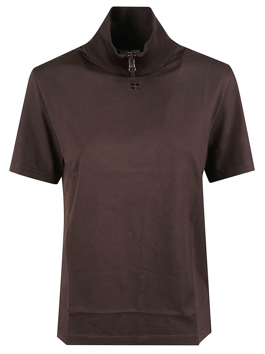Courrèges Ribbed Collar Short-Sleeve Zipper T-Shirt