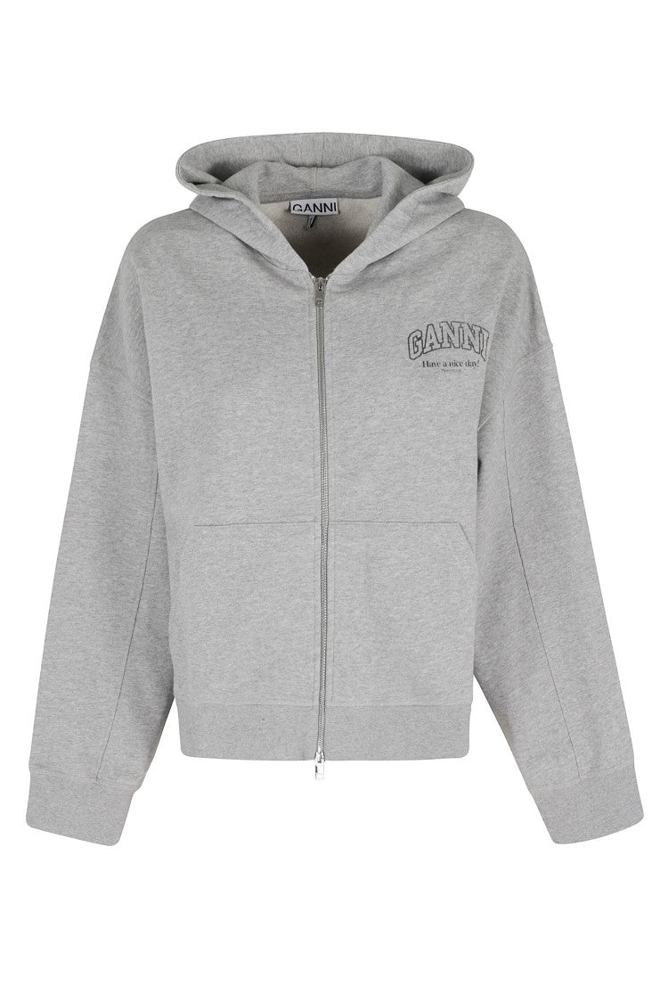 Ganni Gray Isoli Zip Full-Zipper Logo-Printed Cotton Hoodie