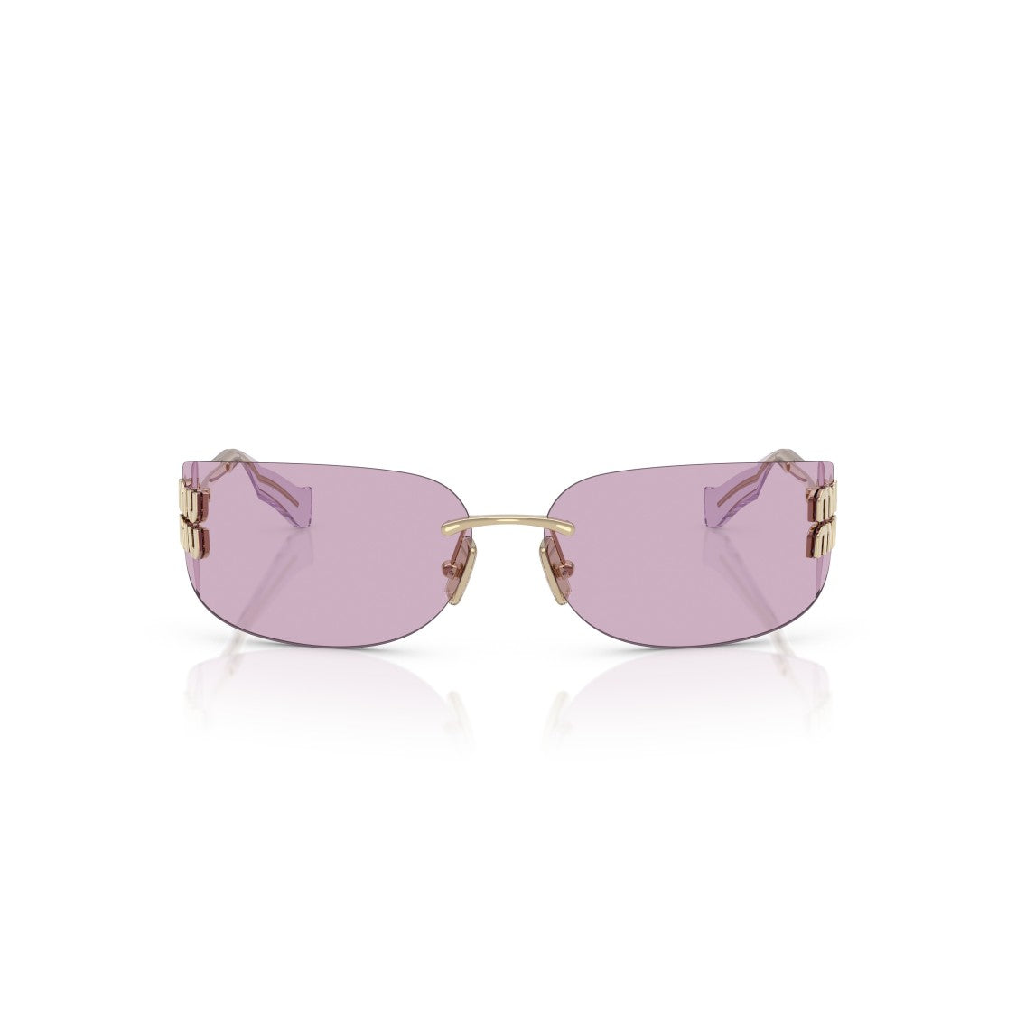Miu Miu Rimless Sunglasses With Rectangular Purple Lenses And Gold Accents