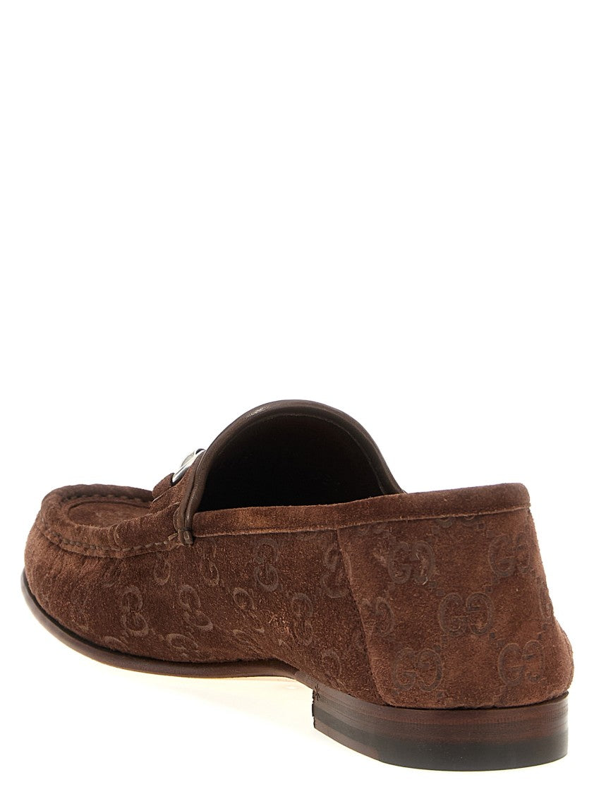 Gucci Brown Suede Loafers With Embossed Gg Pattern