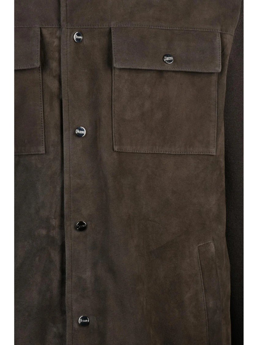 Herno Brown Textured Leather-Cotton Blend Cardigan