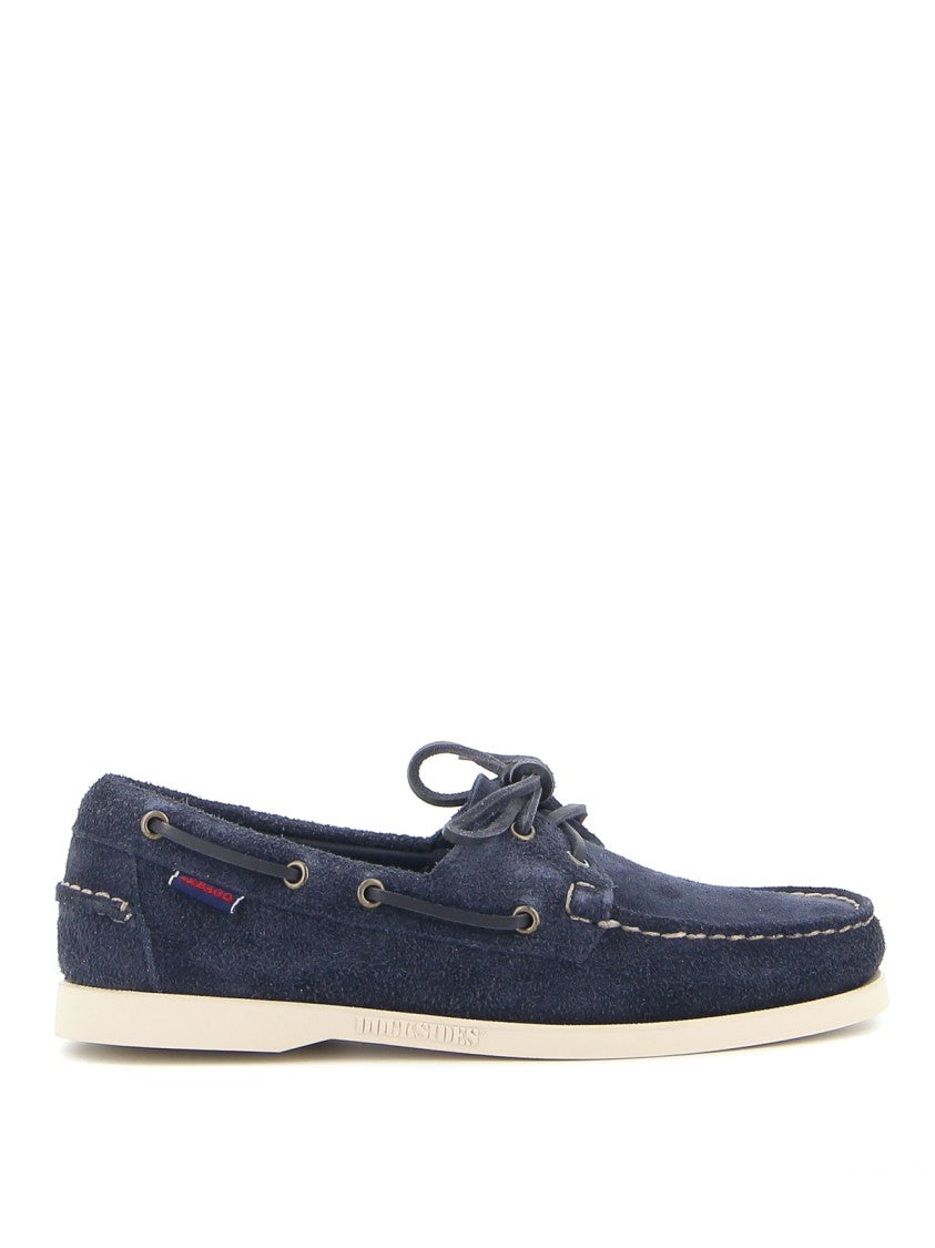 Sebago Hand-Stitched Blue Suede Moccasin With Rubber Sole