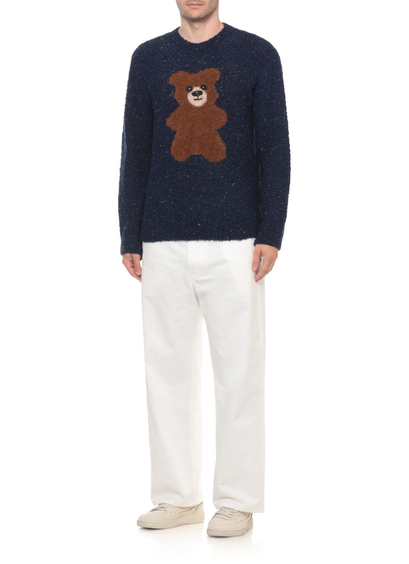 Moschino Blue Bouclé Wool-Blend Teddy Bear Motif Sweater