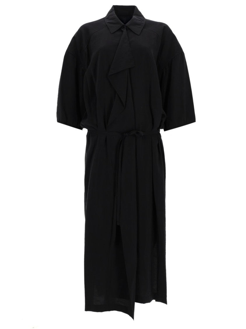 Lemaire Neutrals Belted Draped Neckline Silk Midi Dress