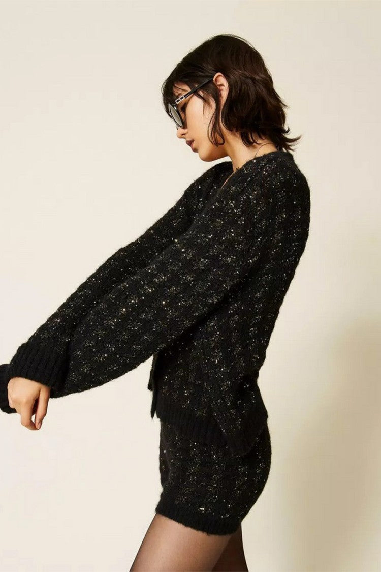 Twin-Set Black Polyester-Alpaca Blend Sparkle-Textured Shorts