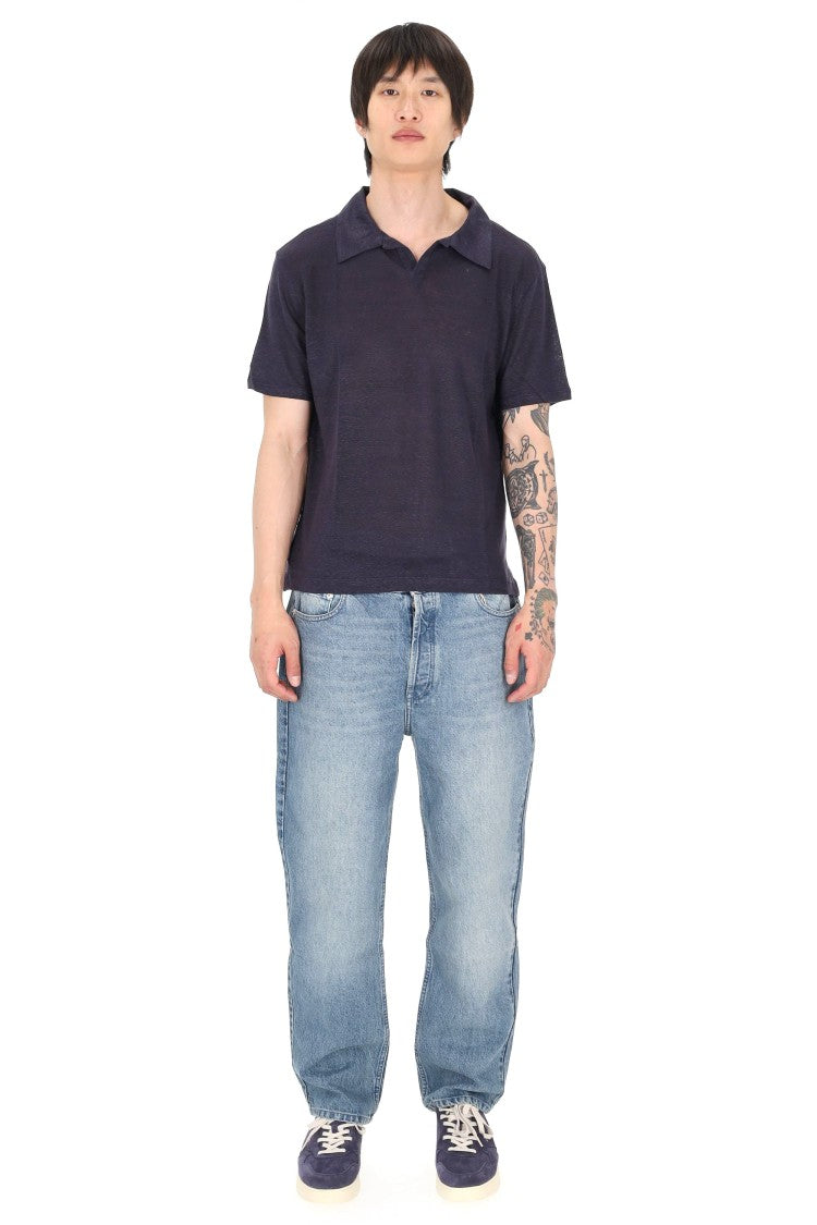 Officine Generale Simon Garment-Dyed Linen Open Collar Polo Shirt