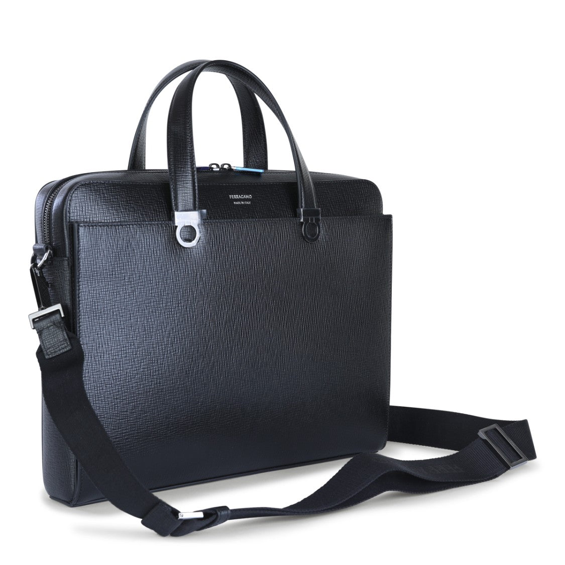 Ferragamo Structured Black Leather Top Handle Bag With Adjustable Strap