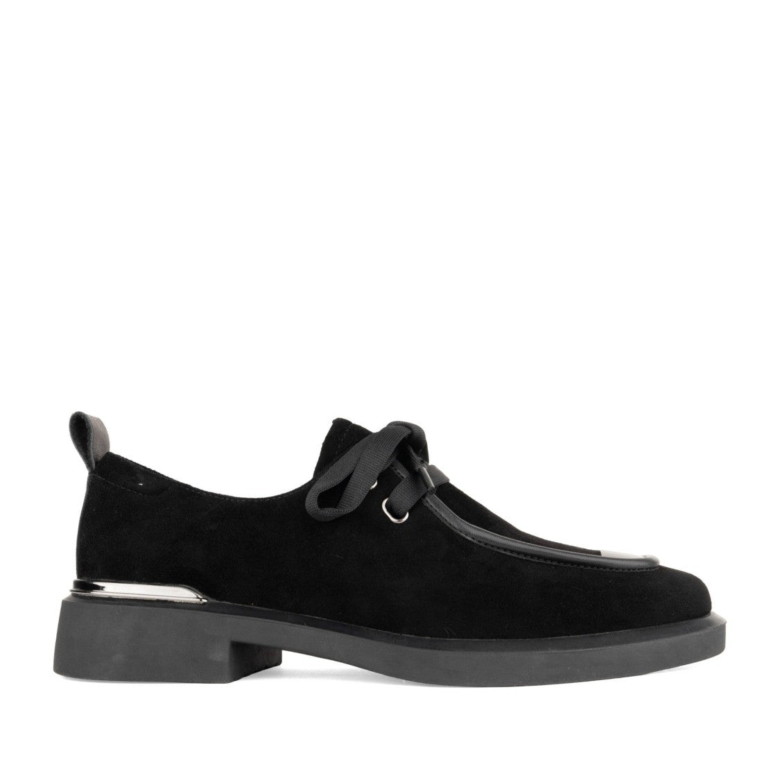 Linda Baumann Black Sleek Rounded Toe Leather-Accented Suede Flats
