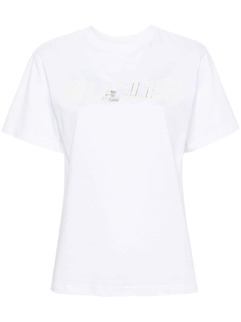 Mugler Textured Appliqué Logo White Cotton Jersey Top