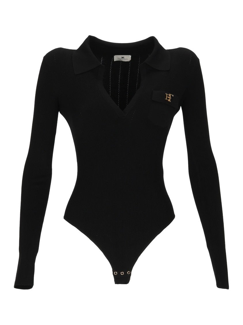 Elisabetta Franchi Ribbed Knit Bodysuit With Deep V-Neckline And Logo Detail