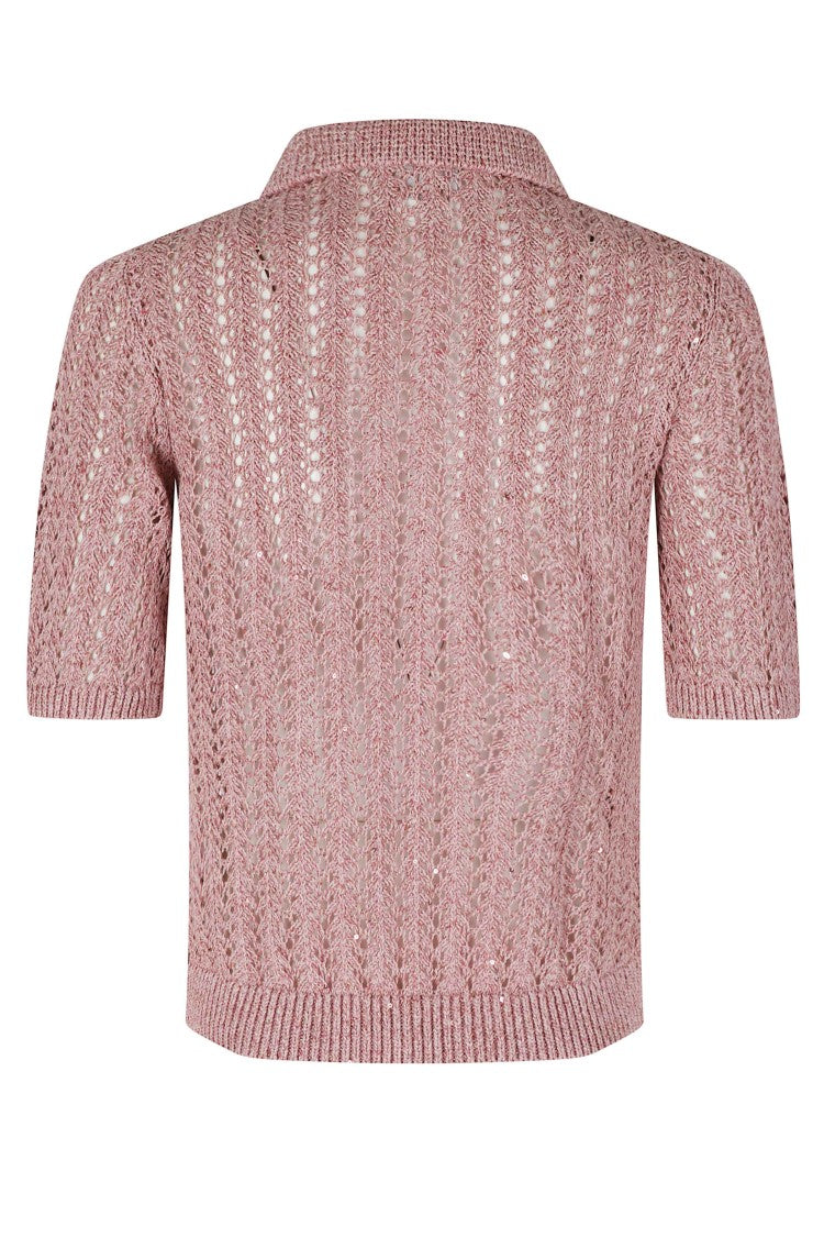 Eleventy Raspberry Knit Perforated Ribbed-Trim Cotton-Blend Polo Shirt