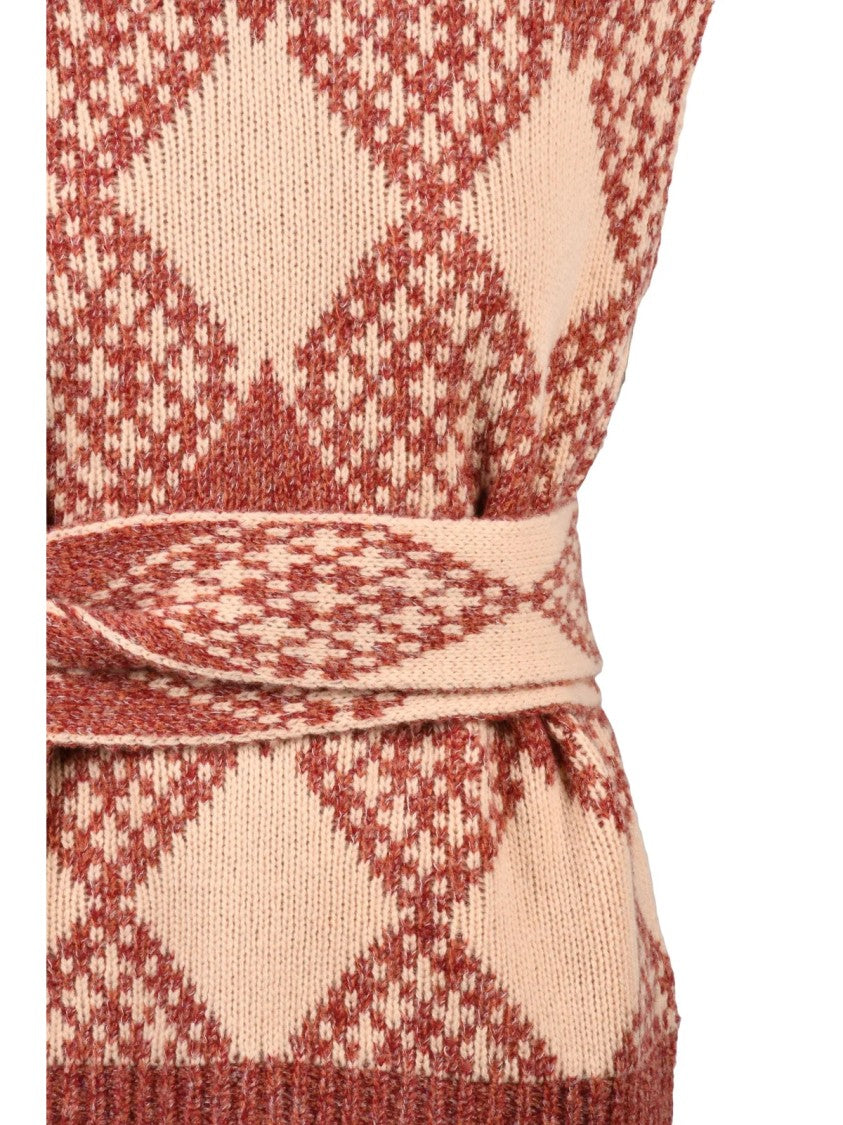 Ballantyne Oversized Knitted Gilet With Belt And Bold Argyle Pattern
