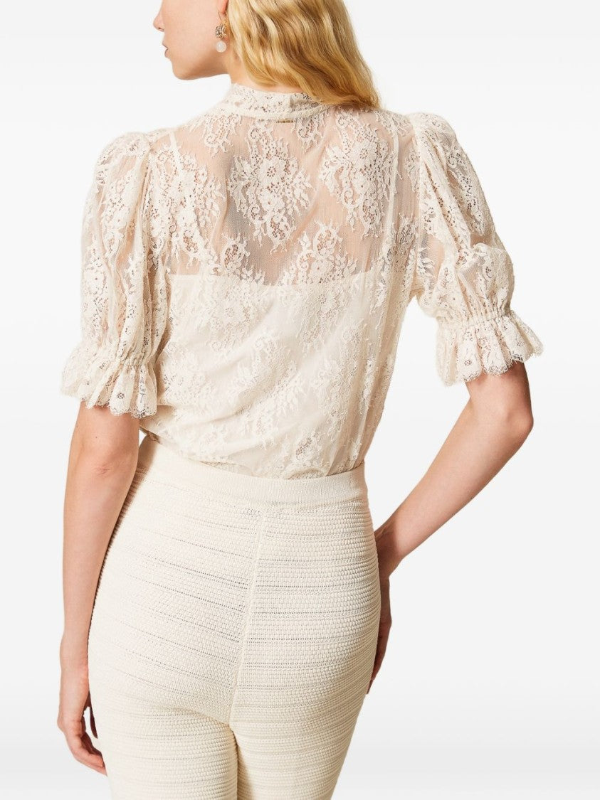 Twin-Set Lace-Detail Blouse With Puffed Sleeves And Tie-Neck