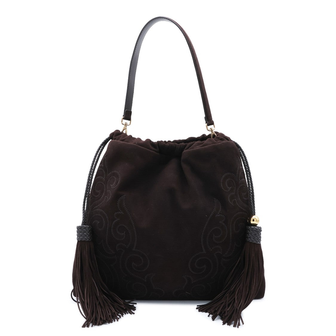 Etro Intricately Embroidered Brown Suede Shoulder Bag