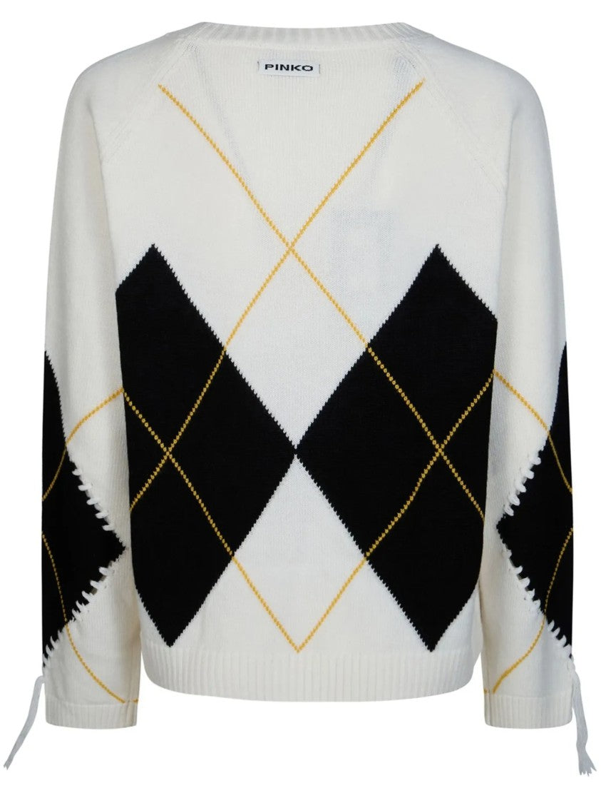 Pinko Cropped Knitted Sweater With Argyle Pattern And Decorative Ties
