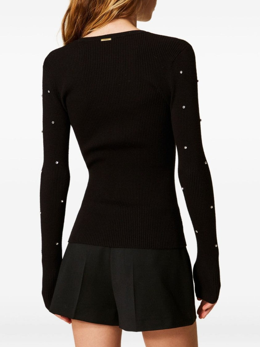 Twinset U&B Fitted Black Sweater With Crystal Embellishments