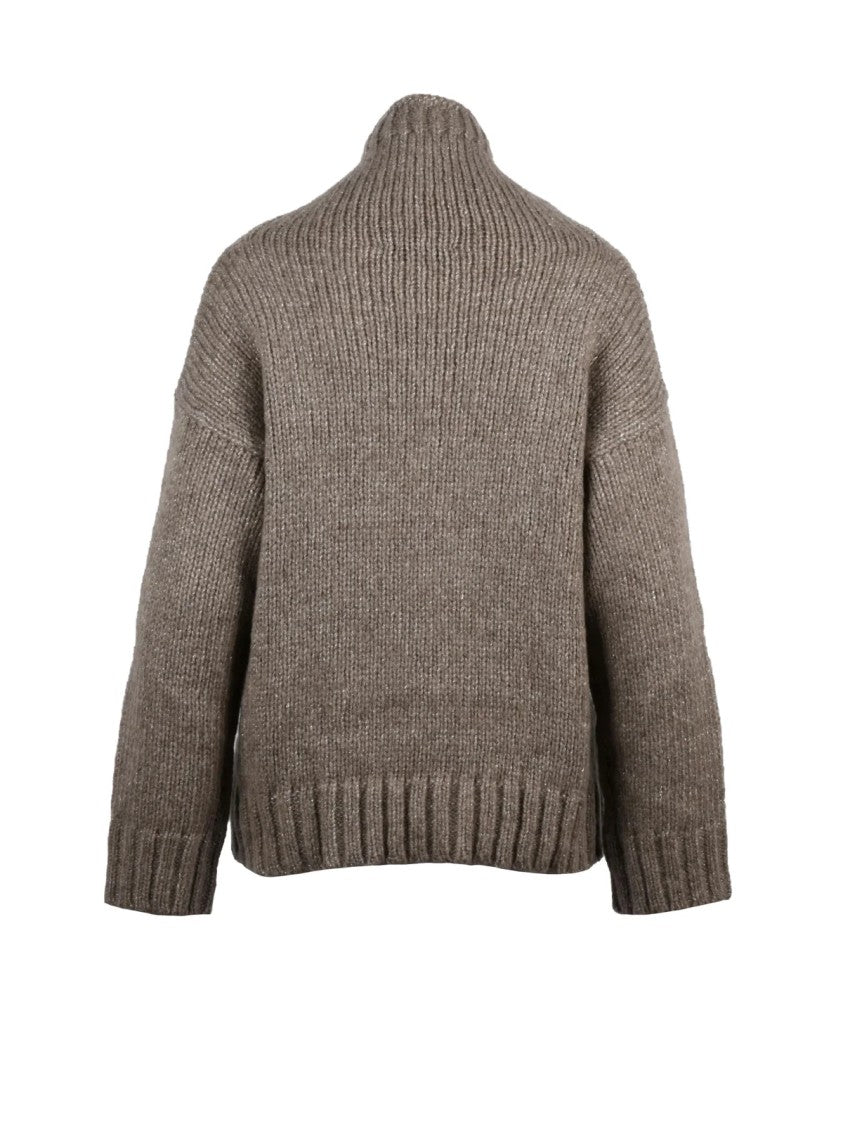 Alpha Studio High Neck Sweater With Lamé Inlay And Relaxed Fit