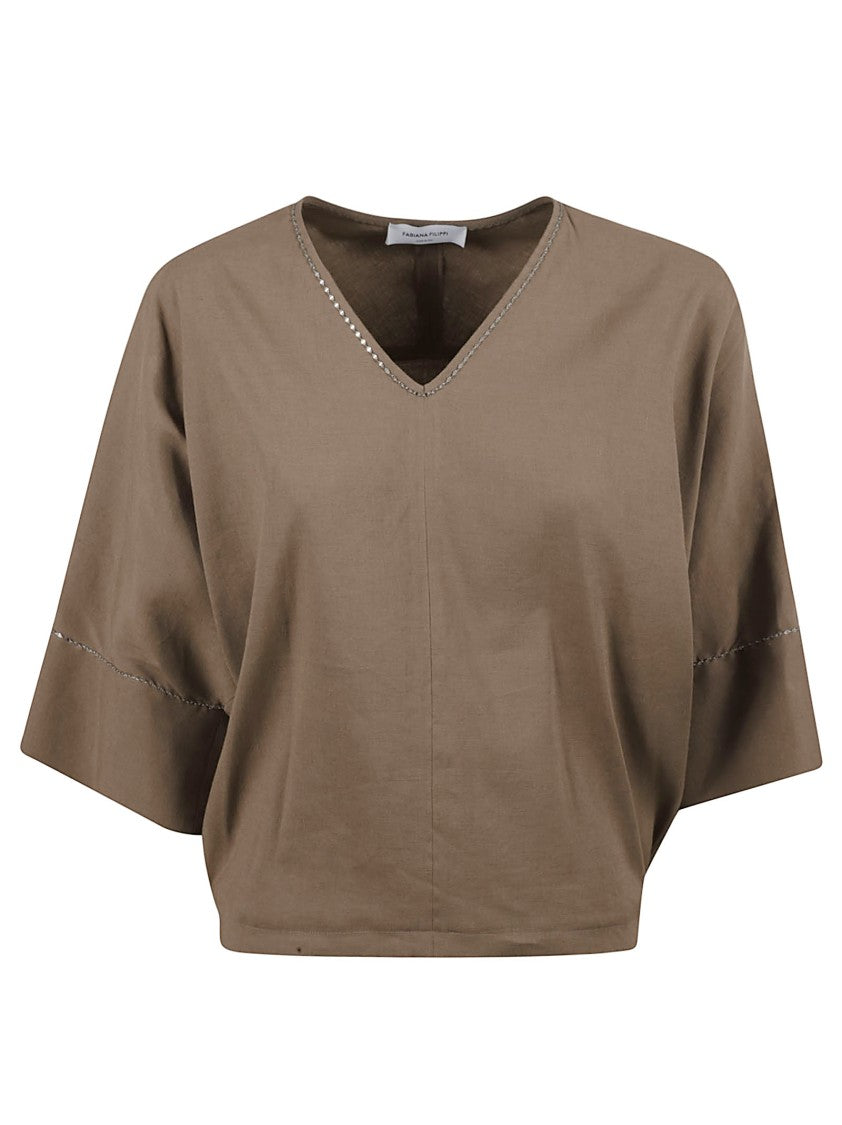 Fabiana Filippi Beige V-Neck Shirt With Wide Sleeves