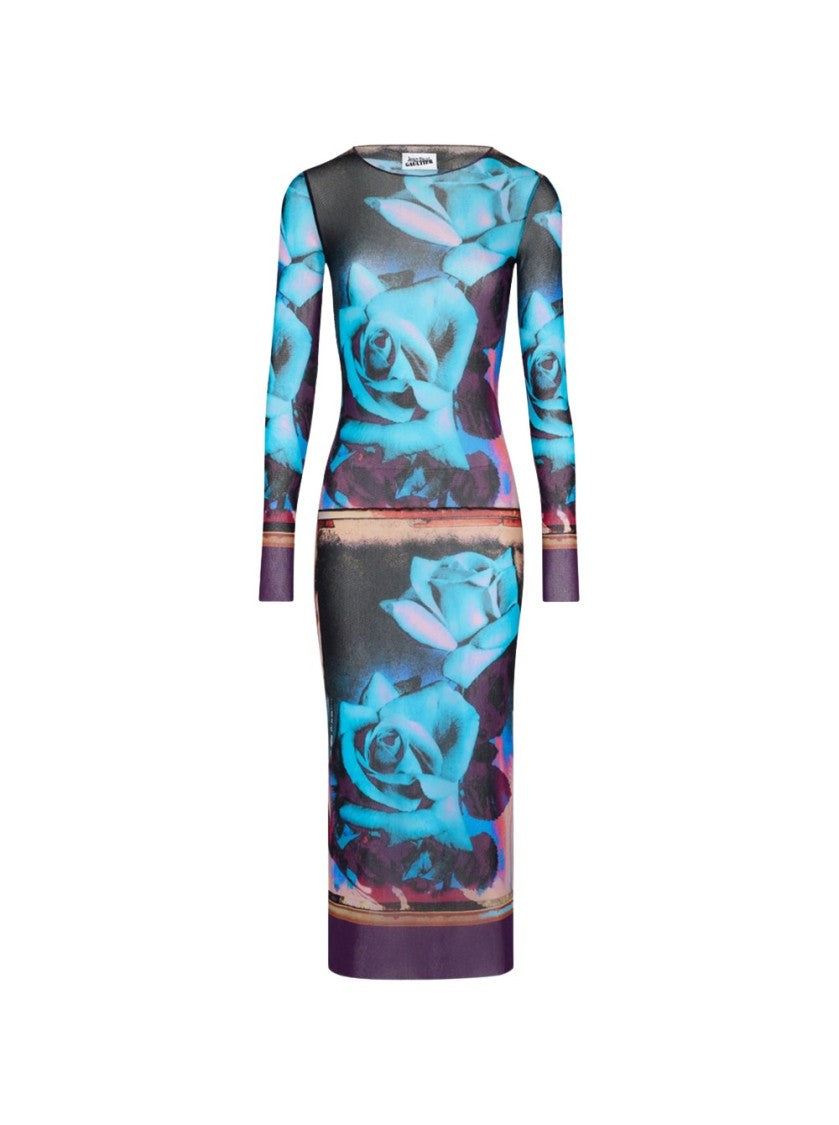 Jean Paul Gaultier Rose Printed Mesh Long Sleeve Dress