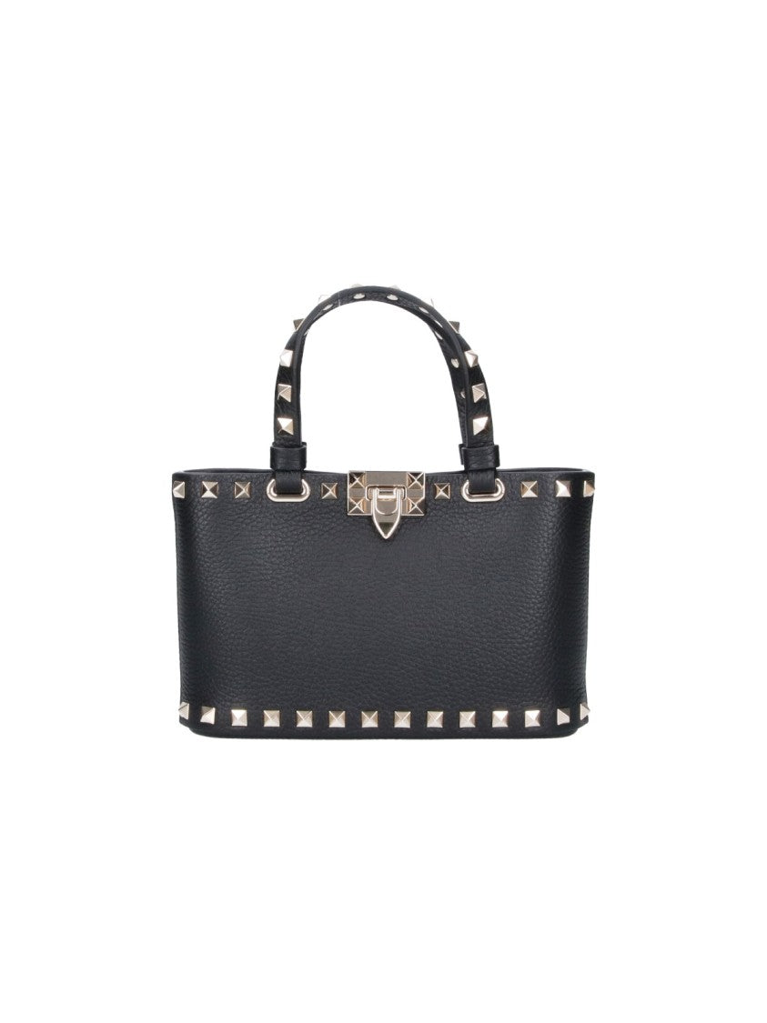 Valentino Garavani Black Rockstud Mini Studded Calfskin Leather Tote Bag