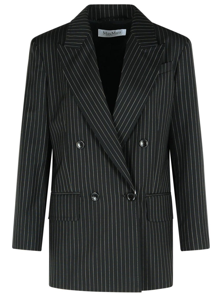 Max Mara Mattia' Black White Pinstriped Virgin Wool Blazer