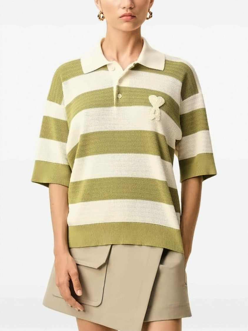 Ami Paris Olive Green Cream Horizontal Striped Polo