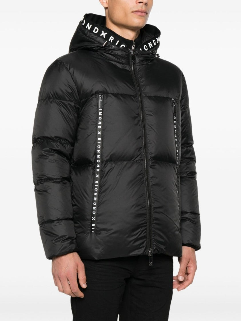 Richmond Puffy Black Jacket With Hood And Zip-Up Front