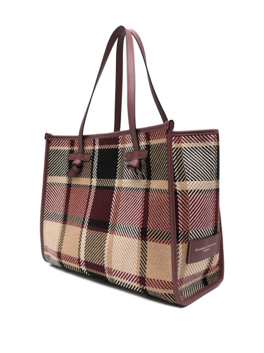 Marcella Bordeaux Plaid Shopper Bag With Leather Trim