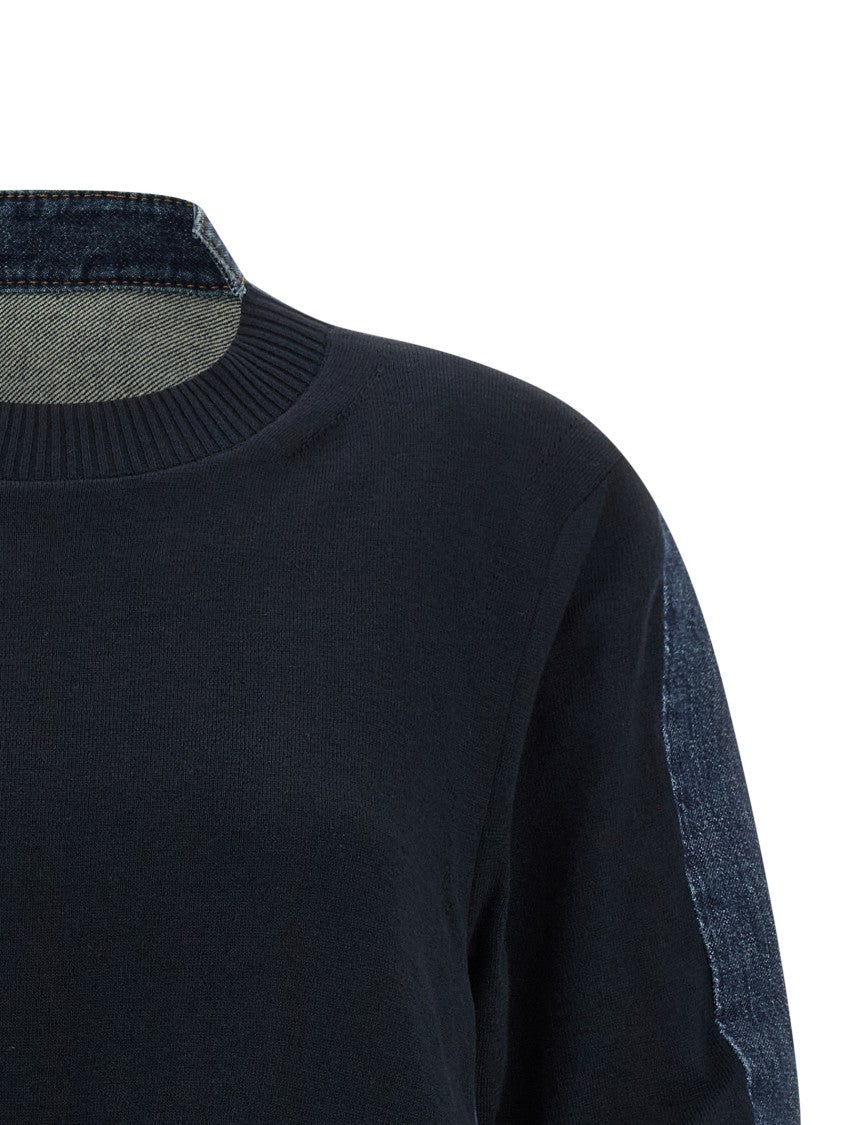 Sacai Shirt-Style Denim And Cotton Blend Top With Puff Sleeves