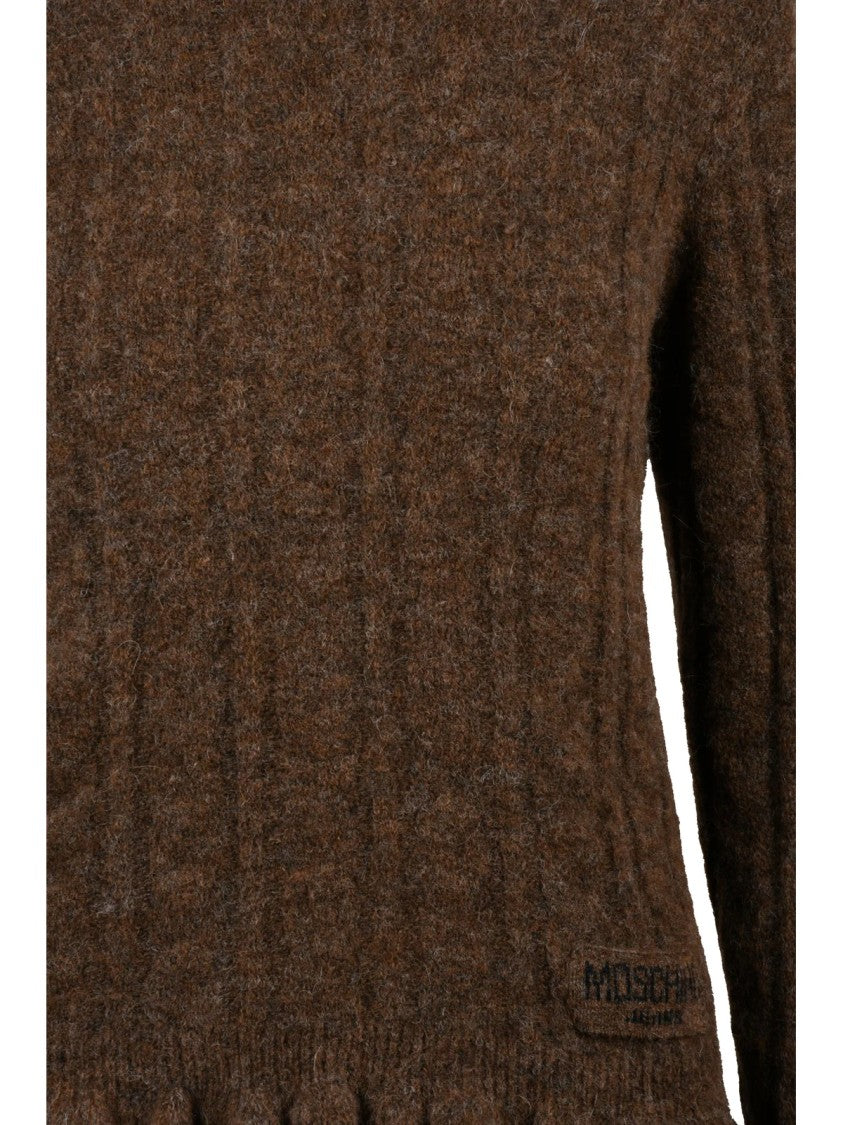 Mo5ch1no Jeans High Neck Knit Sweater With Textured Cable Knit And Ruffled Details