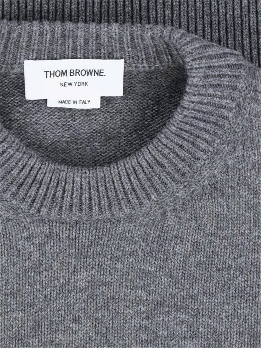 Thom Browne Ribbed Grey Wool Sweater With Iconic Stripe Accents