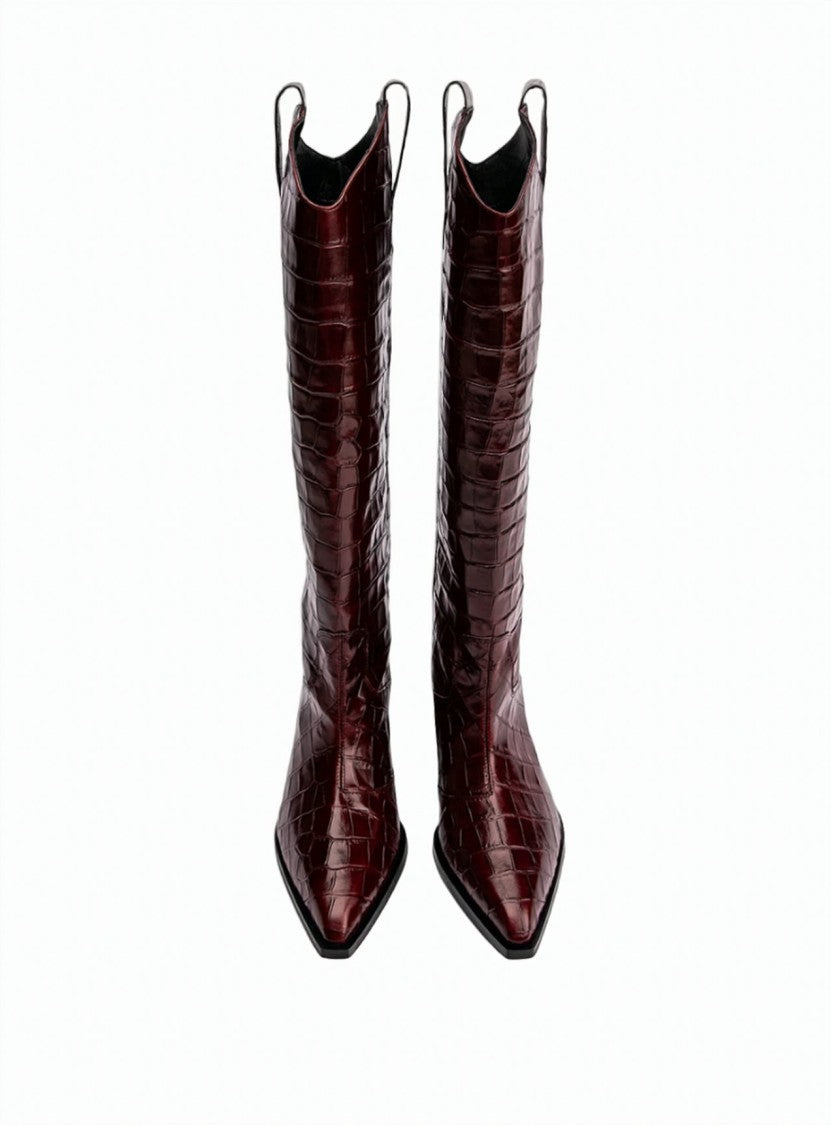 Poeve Crocodile-Embossed Calfskin Flared Block Heel Tall Boots
