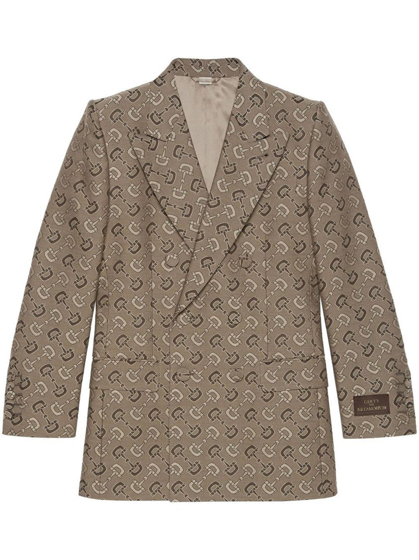 Gucci Double-Breasted Beige Jacket With Jacquard Motif
