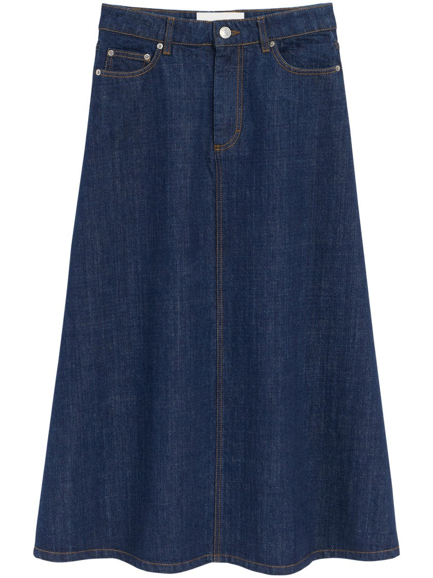 Ami Paris A-Line Denim Maxi Skirt With Button Closure And Rivet Detailing