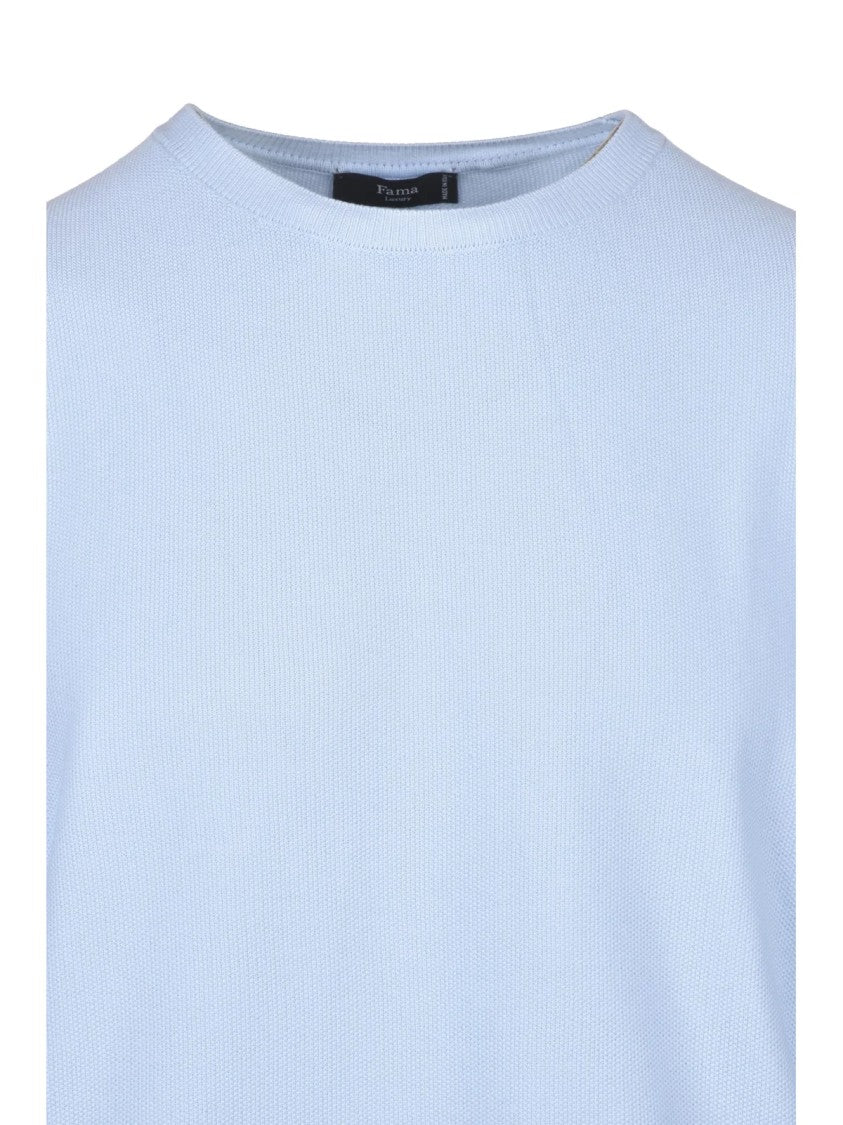Fama Light Blue Ribbed Crewneck Sweater
