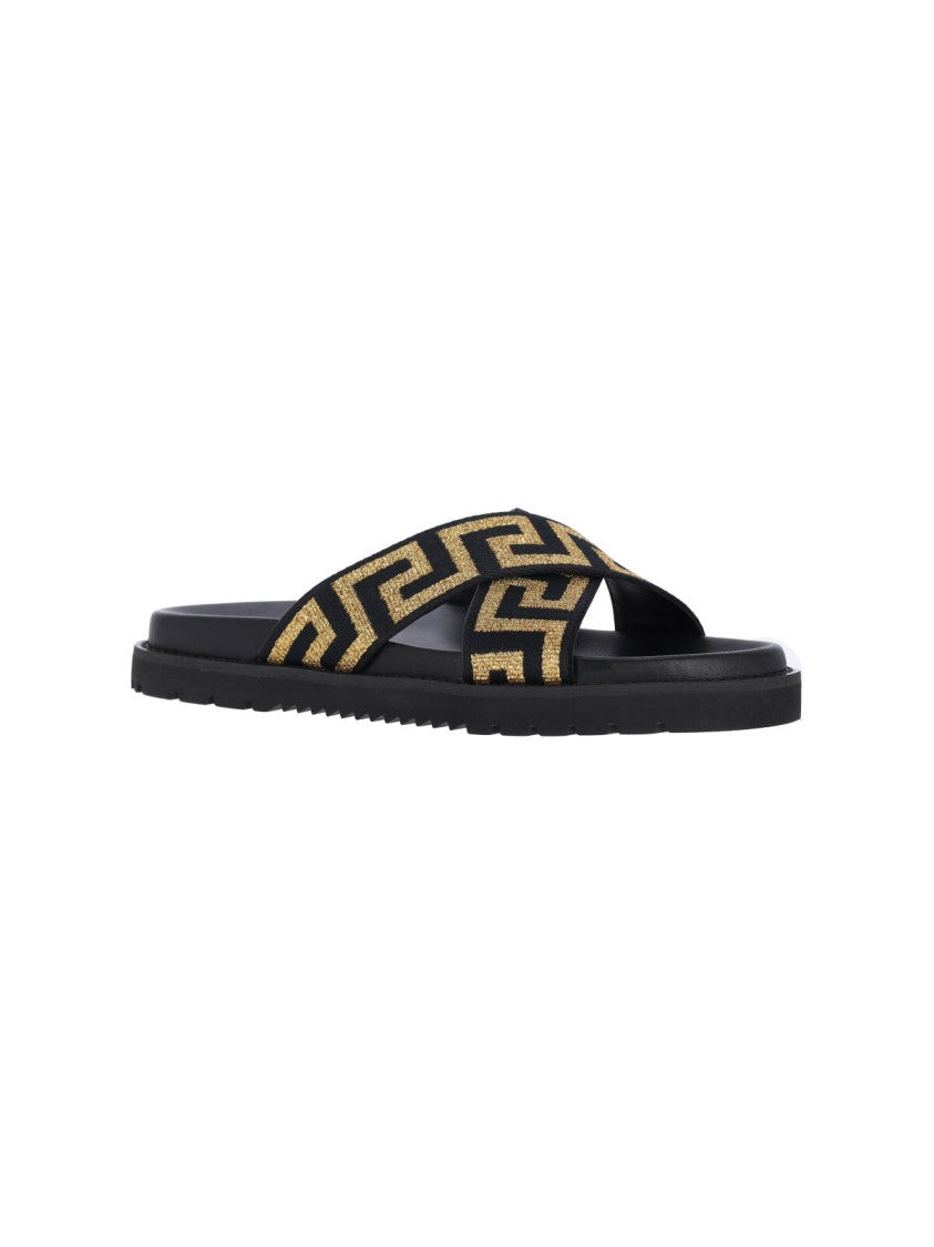 Versace Cross-Strap Slip-On Sandals With Gold Greca Motif