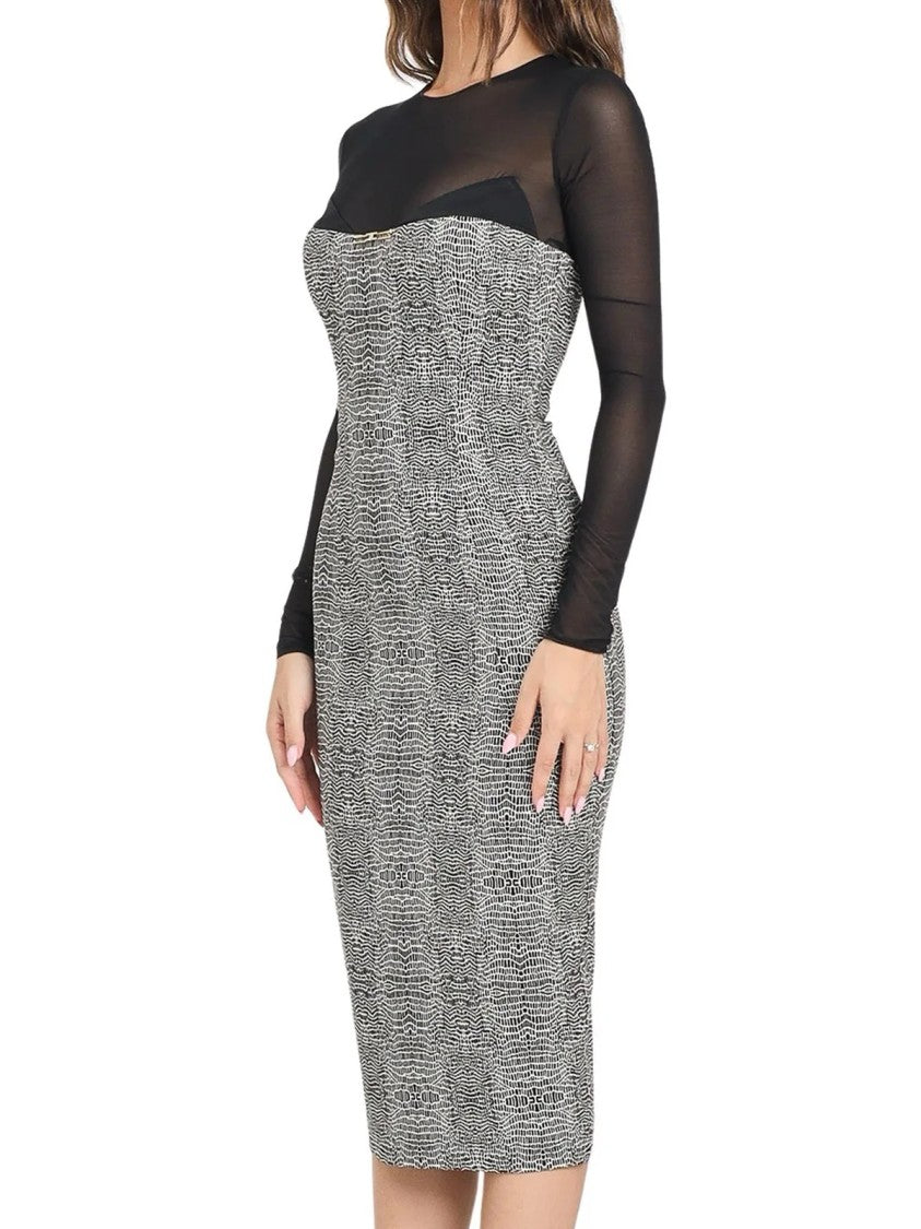 Elisabetta Franchi Fitted Black Sheath Dress With Tulle Upper And Textured Pattern