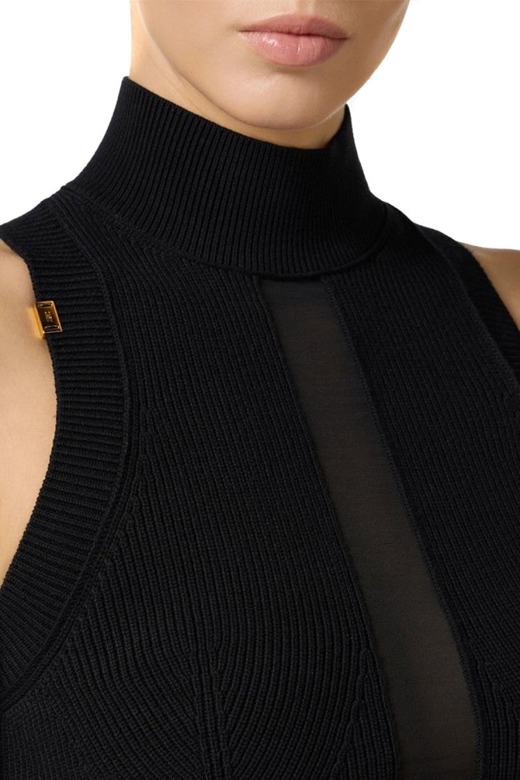 Elisabetta Franchi High Neck Black Ribbed Top