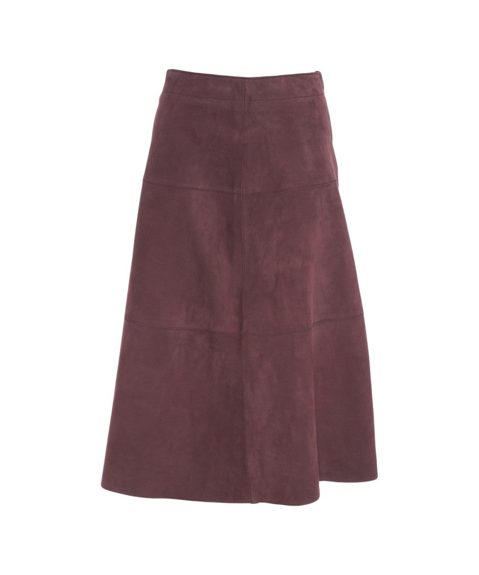 The Jackie Red Leather Midi Skirt With A-Line Silhouette And Panel Stitching