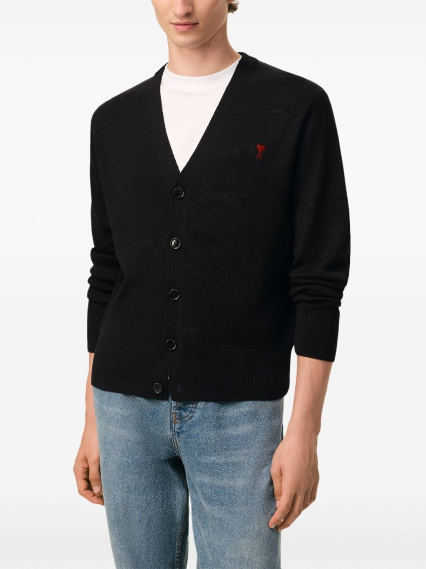 Ami Paris Cropped Black V-Neck Cardigan With Button-Down Front