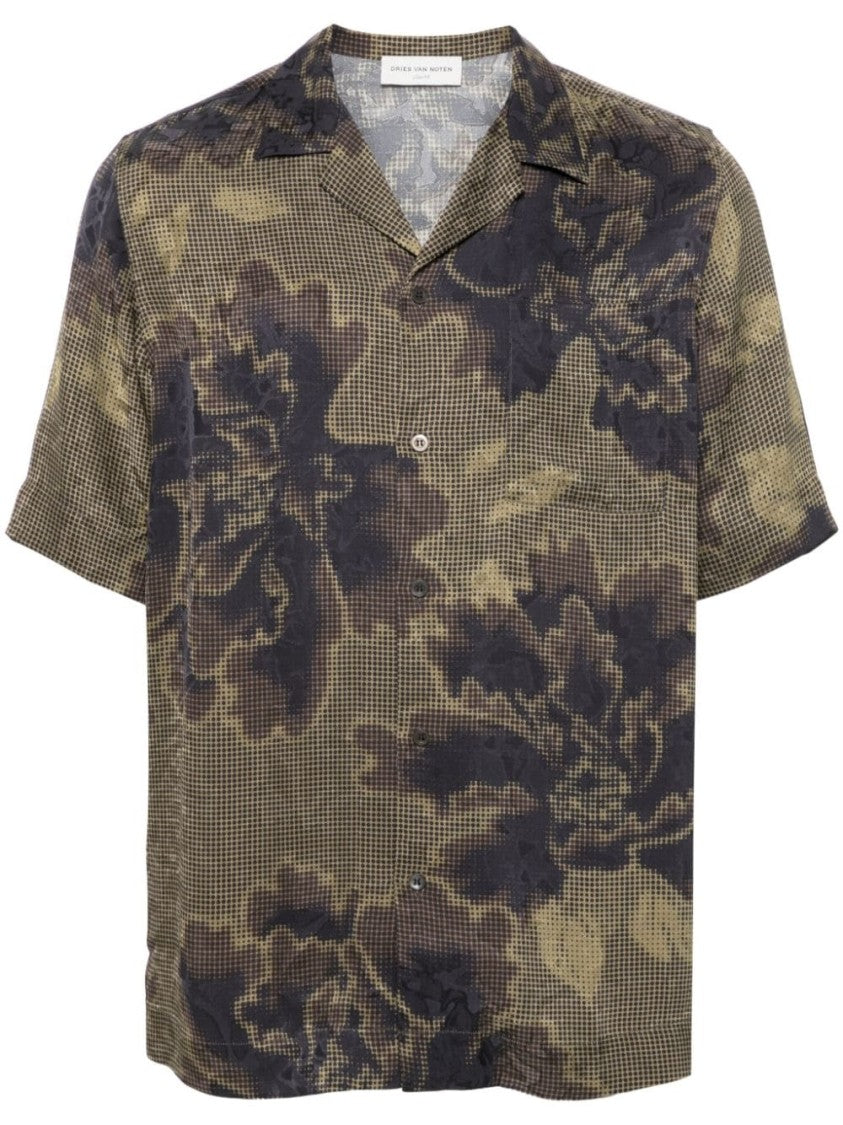 Dries Van Noten Olive Green/Multicolour Satin Shirt