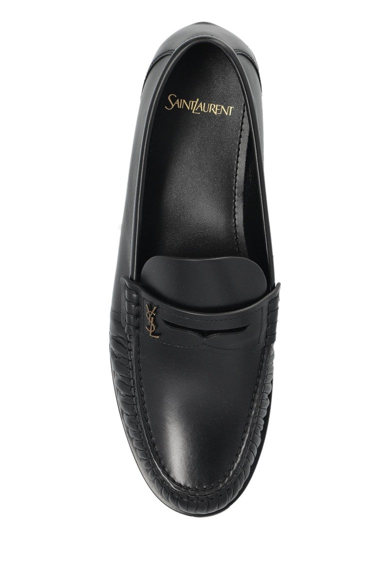 Saint Laurent Gathered Detail Black Calf Leather Loafers