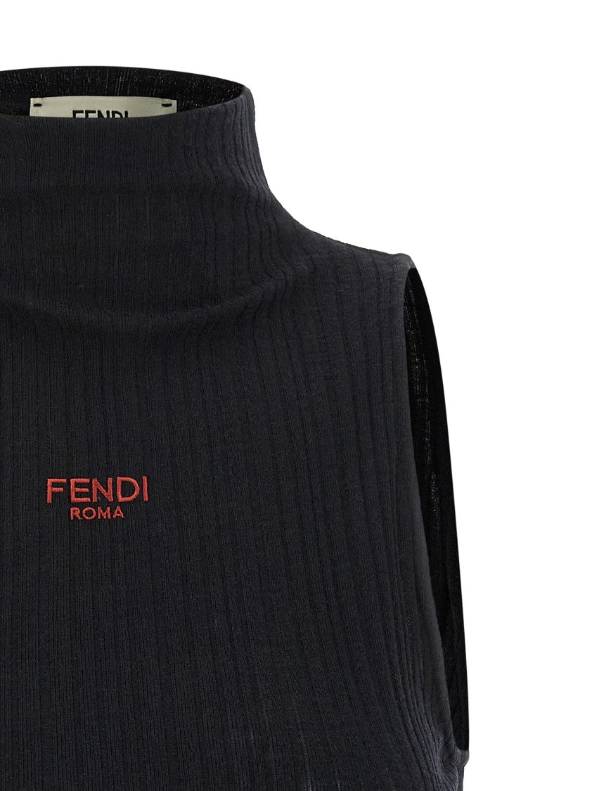 Fendi High Neck Ribbed Cotton Jersey Top With Ruffled Hem