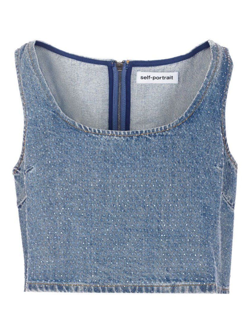 Self-Portrait Sleeveless Denim Crop Top With Crystal Embellishments And Zip Closure