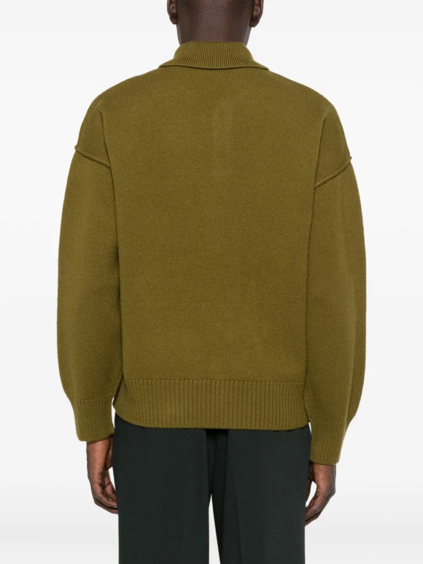 Ami Polo Neck Knit Sweater With Engraved Horn Buttons