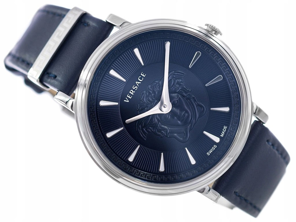 Versace 38Mm V-Circle Quartz Watch With Blue Dial And Leather Strap