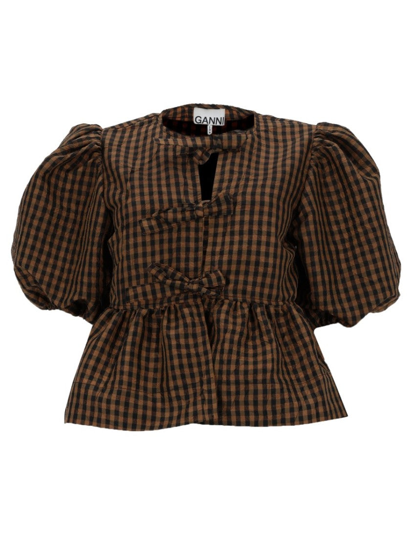 Ganni Peplum Recycled Polyester Checkered Blouse